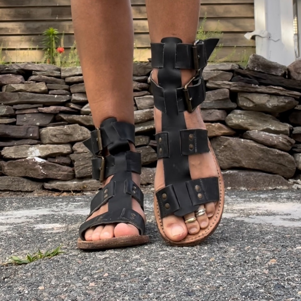 Black Leather Gladiator Sandals - Picture 4 of 15